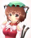  alternate_breast_size animal_ears breasts brown_eyes brown_hair cat_ears chen earrings hat jewelry kane-neko medium_breasts multiple_tails ribbon short_hair solo tail touhou two_tails 