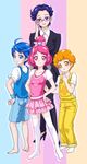  2girls adjusting_eyewear ahoge barefoot blue_eyes blue_hair bow chocokin curly_hair davi_(dokidoki!_precure) db_(dokidoki!_precure) diamond_(shape) dokidoki!_precure glasses hair_ribbon hands_on_hips heart high_heels highres multiple_boys multiple_girls orange_eyes orange_hair overalls personification pink_bow pink_eyes pink_hair ponytail precure purple_eyes purple_hair rakeru_(dokidoki!_precure) rakeru_(dokidoki!_precure)_(human) rance_(dokidoki!_precure) rance_(dokidoki!_precure)_(human) ribbon sharuru_(dokidoki!_precure) sharuru_(dokidoki!_precure)_(human) short_hair thighhighs wristband 