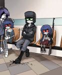  1boy 3girls aida_(aidacamelia0516) ak-47 assault_rifle black_footwear black_hat black_jacket bleeding blood blue_dress blue_hair boots doll_(murder_drones) dress father_and_daughter father_shot_by_son_(meme) fur_hat green_eyes grey_pants gun hat highres humanoid_robot husband_and_wife indoors jacket kalashnikov_rifle long_hair looking_at_viewer mechanical_arms mechanical_legs meme motor_oil multiple_girls murder_drones nori_(murder_drones) pants red_eyes red_skirt rifle robot shirt short_hair signature sitting skirt ushanka weapon white_shirt yeva_(murder_drones) 