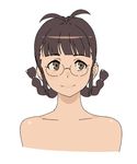  akizuki_ritsuko braid brown_eyes brown_hair glasses hamanasu idolmaster idolmaster_(classic) smile solo twin_braids 