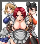  3girls :d apron black_hair blonde_hair blue_eyes breasts brown_eyes choker cleavage double_bun glasses hands_on_hips hualin large_breasts looking_at_viewer lynette maid maid_apron maid_headdress multiple_girls open_mouth red_hair smile soul_calibur soulcalibur_iii valeria 