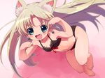 :d animal_ears barefoot black_bra black_panties blonde_hair blue_eyes blush bow bow_bra bow_panties bra cat_ears earrings fang highres jewelpet_(series) jewelpet_twinkle jewelry long_hair miria_marigold_mackenzie navel non-web_source nyama open_mouth panties paw_pose pouncing smile solo twintails underwear underwear_only v-shaped_eyebrows 