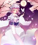  bad_id bad_pixiv_id bug butterfly cherry_blossoms dissolving_clothes flower full_moon ghost hat hitodama insect japanese_clothes moon mugi_wata night night_sky petals pink_eyes pink_hair ribbon saigyouji_yuyuko short_hair sky smile solo touhou triangular_headpiece 