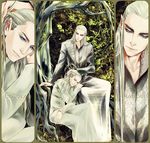  blonde_hair blue_eyes elf father_and_son leftlevine legolas long_hair lord_of_the_rings multiple_boys pointy_ears robe the_hobbit thranduil tree 