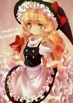 absurdres blonde_hair bow braid character_name colorized frills hair_bow hat highres kirisame_marisa long_hair ribbon risui_(suzu_rks) skirt skirt_hold smile solo star touhou witch_hat yellow_eyes 