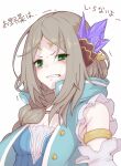  1girl atelier_(series) atelier_firis blue_jacket blue_shirt blush braid brown_hair commentary_request crystal_hair_ornament detached_sleeves disgust firis_mistlud frown furrowed_brow glaring green_eyes jacket long_hair looking_at_viewer open_mouth parted_bangs shirt simple_background sleeveless sleeveless_jacket solo translation_request upper_body white_background yanu 