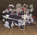  1boy 3girls absurdres alexandrina_sebastiane anastella_(zenless_zone_zero) animal_ears animalization apron arm_belt bangboo_(zenless_zone_zero) belt black_belt black_footwear black_hair black_vest bow bowtie colored_inner_hair corin_wickes dog_holding_sword_(meme) drusilla_(zenless_zone_zero) ellen_joe fins fish_tail gloves green_hair grey_hair highres maid maid_apron maid_headdress meme mole mole_under_eye mouth_hold multicolored_hair multiple_girls muzzle ooyun open_mouth partially_fingerless_gloves puffy_short_sleeves puffy_sleeves red_eyes red_hair shark_girl shark_tail short_hair short_sleeves smile sweat sword tail tail_belt thumbs_up twintails v vest von_lycaon weapon white_apron white_bow white_bowtie white_fur white_hair wolf_ears wolf_tail zenless_zone_zero 