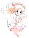  :d animal_ears apron blonde_hair blue_eyes blush blush_stickers bow cat_ears collar earrings fang flip-flops full_body hair_bow highres jewelpet_(series) jewelpet_twinkle jewelry jumping ladle long_hair miria_marigold_mackenzie naked_apron nyama open_mouth sandals smile solo star star_earrings 