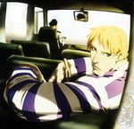  blonde_hair bus capcom cody_travers cuffs final_fight handcuffs highres motor_vehicle prison_stripes street_fighter vehicle 