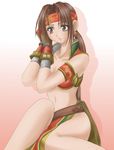  1041_(toshikazu) 1girl armlet brown_eyes brown_hair earrings jewelry long_hair midriff navel seong_mi-na sitting solo soul_calibur soulcalibur_ii 