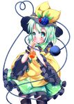  black_legwear blush cup drink drinking_glass drinking_straw frills green_eyes green_hair hat hat_ribbon highres komeiji_koishi no_nose pointy_ears ribbon solo thighhighs third_eye touhou wide_sleeves zefa_(neoaltemice) 