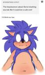 2021 anthro beastofeuthanasia belly black_nose blue_body blue_eyebrows blue_fur blush colored_sketch digital_media_(artwork) english_text eulipotyphlan eyebrows front_view fur hedgehog hi_res looking_down male male_anthro mammal multicolored_body navel nervous nude_anthro nude_male sega simple_background sketch slightly_chubby slightly_chubby_anthro slightly_chubby_male solo sonic_the_hedgehog sonic_the_hedgehog_(series) tan_body tan_inner_ear tan_skin text tumblr tumblr_ask two_tone_body white_background