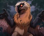 2024 accipitrid accipitriform ambiguous_gender anthro artist_name avian bearded_vulture bird black_pawpads blurred_background brown_wings cheek_tuft chest_tuft dated facial_tuft feathered_wings feathers front_view glistening glistening_eyes grey_body hi_res mouth_closed neck_tuft old_world_vulture orange_body outside pawpads plant red_sclera santanahoffman solo tree tuft vulture wings yellow_eyes