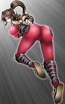  1041_(toshikazu) 1girl armor ass bodysuit breasts brown_eyes brown_hair from_behind huge_ass huge_breasts long_hair looking_at_viewer looking_back ninja pauldrons ponytail skin_tight solo soul_calibur soulcalibur_iv taki taki_(soulcalibur) 