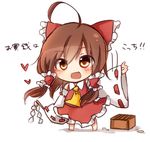  ahoge ascot blush bow box brown_eyes brown_hair chibi detached_sleeves donation_box dress fang gohei hair_bow hair_tubes hakurei_reimu heart huge_ahoge long_sleeves looking_at_viewer open_mouth red_dress smile solo tosura-ayato touhou translated waving wide_sleeves 