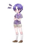  blue_eyes blue_hair crossed_arms fate/stay_night fate_(series) kalanchoe_xxxx male_focus matou_shinji shorts solo tears wavy_hair wavy_mouth younger 