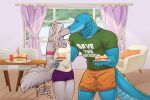 2_tails 5_fingers alligatorid anniversary anthro armband arrow_sign azrael_(tertia) azurlligator bent_arm blue_body blue_scales blue_sky blue_tail blush bottomwear cake candle canid canine canis chair chest_tuft claws clothed clothed_anthro clothed_male clothing collarbone colored crocodilian curtain_rod day dessert digital_drawing_(artwork) digital_media_(artwork) dining_table duo english_text eyes_closed finger_claws fingers fire fluffy fluffy_tail food fur furniture green_clothing green_shirt green_t-shirt green_topwear grey_body grey_claws grey_fur grey_nose grey_pawpads grey_tail hair hi_res holding_plate inner_ear_fluff inside interspecies kiss_on_lips kissing larger_male light lighting lit_candle long_tail male male/male mammal multi_tail multicolored_body multicolored_scales muscular muscular_anthro muscular_male nathile_tiduna orange_bottomwear orange_clothing orange_pillow orange_shorts pawpads pecs pillow pink_armband plant plate purple_bottomwear purple_clothing purple_curtains purple_shorts purple_wall reptile romantic romantic_couple scales scalie scutes shaded shirt shorts size_difference sky smaller_male standing sunlight t-shirt table tail tank_top text text_on_clothing text_on_shirt text_on_topwear therealaisek thick_thighs topwear tree tuft two_tone_body two_tone_scales two_tone_tail wall_(structure) wavy_hair white_chair white_clothing white_inner_ear_fluff white_shirt white_tank_top white_topwear window window_curtains wolf yellow_scutes