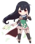  1girl armor atelier_(series) atelier_firis black_hair blue_scarf breastplate closed_mouth earrings feathers full_body gloves grey_gloves grey_skirt hand_on_own_cheek hand_on_own_face hand_up highres jewelry kinakonato liane_mistlud long_hair looking_at_viewer pleated_skirt red_eyes scarf shirt sidelocks skirt smile solo standing very_long_hair 