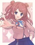  1girl blue_eyes blue_overskirt blue_ribbon cardigan double_bun gakuen_idolmaster hair_bun hanami_saki hatsuboshi_gakuen_school_uniform idolmaster overskirt pink_cardigan pointing pointing_at_viewer red_hair ribbon school_uniform solo sparkle_background suta_(clusta) 