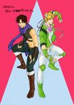  blonde_hair blue_eyes boots brown_hair caesar_anthonio_zeppeli crop_top facial_mark feathers fighting_stance fingerless_gloves gloves green_eyes green_jacket hair_feathers headband jacket jojo_no_kimyou_na_bouken joseph_joestar_(young) knee_pads kock_k midriff multiple_boys scarf 