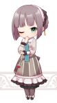  1girl atelier_(series) atelier_firis black_footwear black_pantyhose blue_necktie blunt_bangs brown_hair chibi collared_shirt flask frilled_skirt frills full_body green_eyes grey_skirt hair_bun hand_on_own_elbow hand_to_own_mouth hand_up highres kinakonato long_sleeves looking_at_viewer necktie one_eye_closed pantyhose ren_breitner round-bottom_flask shirt shoes short_hair sidelocks skirt solo standing striped_clothes striped_skirt thinking vertical-striped_clothes vertical-striped_skirt 