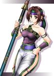  1041_(toshikazu) 1girl alternate_costume armlet bracer bracers breasts headband looking_at_viewer polearm seong_mi-na side_slit solo soul_calibur soulcalibur_iii weapon 