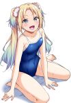  blonde_hair blue_eyes blue_hair breasts competition_school_swimsuit fang gradient_hair highres light_blue_hair link!_like!_love_live! looking_at_viewer love_live! multicolored_hair osawa_rurino parted_bangs school_swimsuit sitting small_breasts swimsuit thighs twintails two-tone_hair wariza wet white_background yopparai_oni 