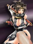  1041_(toshikazu) 1girl alternate_costume black_hair breasts brown_eyes cleavage fishnet_legwear fishnets headband large_breasts ninja open_mouth solo soul_calibur soulcalibur_iii sword taki taki_(soulcalibur) thighhighs weapon 