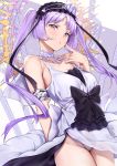  1girl armlet bangs bare_shoulders blush breasts choker collarbone dress euryale eyebrows_visible_through_hair fate/grand_order fate_(series) groin hairband headdress jewelry lolita_hairband long_hair looking_at_viewer necklace panties purple_eyes purple_hair pursed_lips sidelocks solo twintails underwear very_long_hair white_dress white_panties yamaishi_(mukoubuti) 