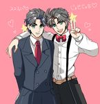  bad_id bad_pixiv_id black_hair blue_eyes bow bowtie grandfather_and_grandson jojo_no_kimyou_na_bouken jonathan_joestar joseph_joestar_(young) kyykttk multiple_boys suspenders v 