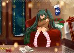  book christmas closed_eyes dress gift green_hair hatsune_miku long_hair mochizuki_yomogi open_book scarf sitting solo striped striped_legwear sweater sweater_dress twintails vocaloid 