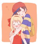  1girl backpack bag black_hair blonde_hair hat hug kohori mother_(game) mother_2 ness overalls ribbon siblings smile tracy 