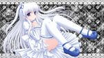  black_background blue_eyes blue_footwear dress frills hand_on_own_chest highres long_hair original shimotsuki_keisuke shoes thighhighs twintails white_dress white_legwear 