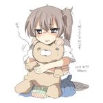  bad_id bad_twitter_id blue_eyes blush brown_hair doll hug kaga_(kantai_collection) kantai_collection lowres open_mouth rebecca_(keinelove) short_hair solo stuffed_animal stuffed_toy sweat teddy_bear translated 