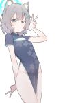  1girl absurdres alternate_costume animal_ear_fluff animal_ears blue_archive blue_dress blue_eyes blue_halo blush breasts china_dress chinese_clothes closed_mouth commentary_request covered_navel cowboy_shot cross_hair_ornament double_v dress expressionless grey_hair groin hair_ornament halo hand_up highres korean_commentary looking_at_viewer pelvic_curtain print_dress s10021 shiroko_(blue_archive) short_dress short_hair short_sleeves side_slit simple_background small_breasts solo thighs v white_background wolf_ears wolf_girl 
