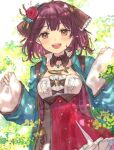  1girl :d atelier_(series) atelier_sophie_2 blue_coat brown_eyes coat collared_coat commentary_request detached_collar flower green_background hair_flower hair_ornament hands_up hani_(udauda) leaf long_sleeves looking_at_viewer open_mouth red_flower red_hair red_rose red_skirt rose short_hair skirt sleeves_past_wrists smile solo sophie_neuenmuller 