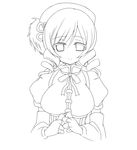  bad_id bad_pixiv_id beret blush breasts corset detached_sleeves drill_hair fingerless_gloves gloves greyscale hair_ornament hat highres large_breasts lineart magical_girl mahou_shoujo_madoka_magica maru_itsuki monochrome puffy_sleeves solo tomoe_mami upper_body 