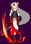  amber_manzyu cosplay crossover fire fujiwara_no_mokou guilty_gear hair_over_one_eye headband power_connection sol_badguy sol_badguy_(cosplay) solo touhou 