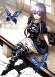  bad_id bad_pixiv_id black_legwear boots breasts brown_hair bug butterfly gradient_hair high_heels hijiri_byakuren insect large_breasts long_hair multicolored_hair purple_hair sitting smile solo takemori_shintarou thighhighs touhou two-tone_hair zettai_ryouiki 