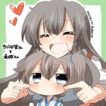  akagi_(kantai_collection) bad_id bad_twitter_id blue_eyes blush brown_hair closed_eyes heart kaga_(kantai_collection) kantai_collection long_hair lowres multiple_girls open_mouth rebecca_(keinelove) short_hair smile 