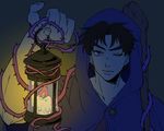  black_hair blue_eyes cloak hermit_purple hood jojo_no_kimyou_na_bouken joseph_joestar_(young) kock_k lantern lowres male_focus one_eye_closed plant solo staff stand_(jojo) thorns time_paradox vines 