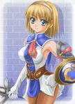  1041_(toshikazu) 1girl blonde_hair blue_eyes cassandra_alexandra hairband looking_at_viewer shield short_hair smile solo soul_calibur soulcalibur_ii standing sword weapon 