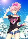  blush bow bracelet cloud collarbone day hair_bow heart idolmaster idolmaster_cinderella_girls jewelry jougasaki_mika kaen_(k-artworks) lens_flare one_eye_closed open_fly open_mouth palm_tree pink_hair shirt_lift short_hair short_shorts short_sleeves shorts skindentation sky smile smiley_face solo sun swimsuit swimsuit_under_clothes tree twintails unzipped yellow_eyes 