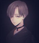  1boy alternate_hair_color bangs black_background black_choker black_hair black_shirt choker chromatic_aberration closed_mouth expressionless grey_eyes jewelry long_bangs looking_at_viewer male_focus mellow_rag nier_(series) nier_automata parted_bangs pendant portrait shirt simple_background solo yorha_no._9_type_s 