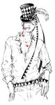  bad_id bad_pixiv_id belt belt_buckle buckle caesar_anthonio_zeppeli cigarette collared_shirt dress_shirt facial_mark hands_on_hips hat hat_feather highres jojo_no_kimyou_na_bouken lips lipstick_mark looking_at_viewer male_focus ribbon saitooo shirt sleeves_rolled_up smoke solo spot_color teeth thumb_in_pocket top_hat unbuttoned white_background 