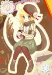  :d arm_strap bendy_straw blonde_hair blush boots brown_eyes carton coffee coffee_beans cup dotted_line doughnut drinking_straw english flower food fork hat hat_flower highres jar knife mochizuki_yomogi mug open_mouth pantyhose personification puffy_shorts scarf short_hair shorts smile snowflakes solo teapot yukico-tan yukijirushi 