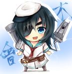  blue_eyes blush chibi eyepatch fang green_hair hat kantai_collection kiso_(kantai_collection) long_hair open_mouth pauldrons sailor_collar shorts shoulder_cannon solo tosura-ayato 