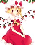  ascot bad_id bad_pixiv_id blonde_hair bow flandre_scarlet flower food fruit hat mugi_wata red_eyes ribbon short_hair side_ponytail sitting smile solo strawberry strawberry_blossoms touhou v_arms wings 