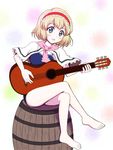  absurdres acoustic_guitar adapted_costume alice_margatroid barefoot barrel blonde_hair blue_eyes blush capelet crossed_legs dress greatestwashi guitar hairband highres instrument short_hair sitting solo touhou 