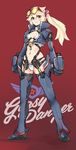  ban bikini blonde_hair breasts cleavage garter_belt gipsy_danger highres jacket long_hair mechanical_arm navel pacific_rim personification ponytail red_eyes side_ponytail small_breasts solo swimsuit 